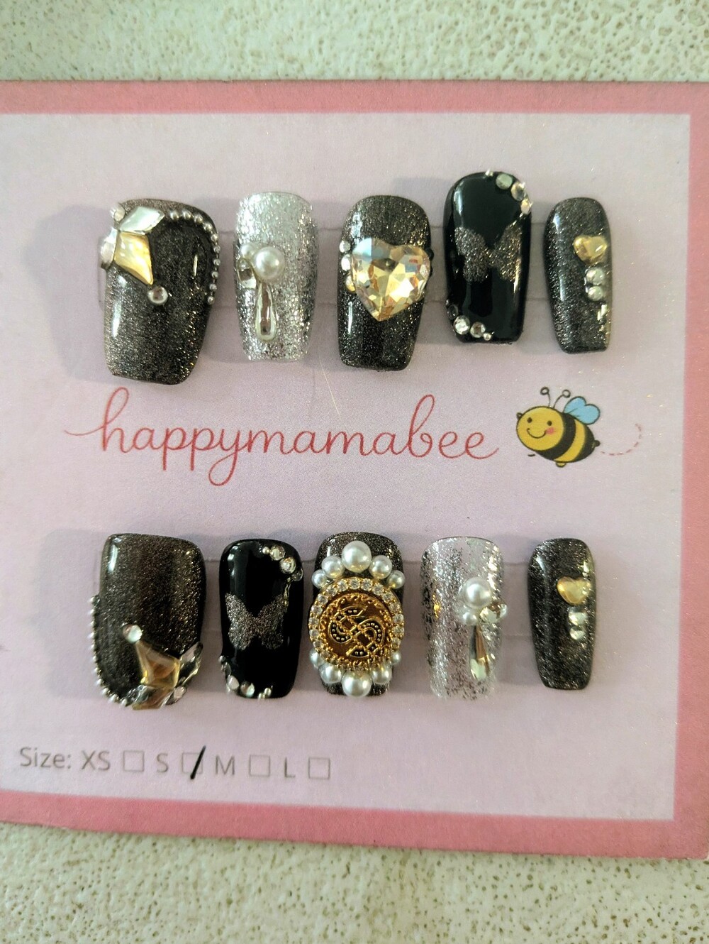 Handmade 3D Custom Press On Nails-Dark Sparkle & Gold Medallion Charm Set Small